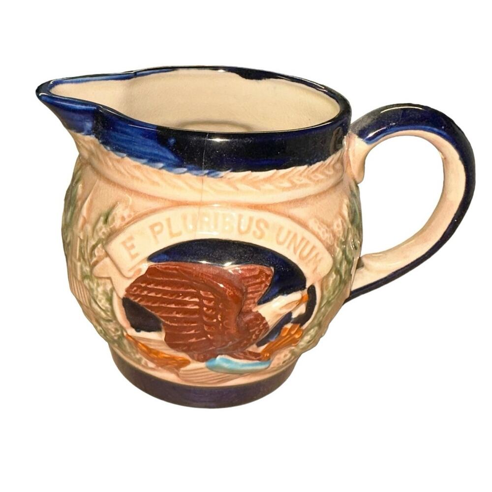 Vintage Liberty Bell Ceramic Pitcher E Pluribus Unum Patriotic Creamer Small Jug